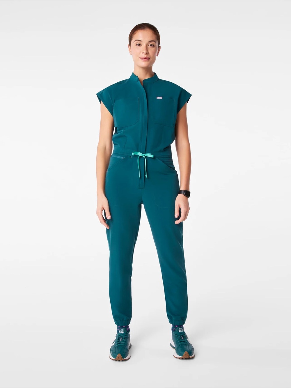 Figs Teal Cap-Sleeve Jumpsuit with Drawstring Waist and Longsleeve Underscrub